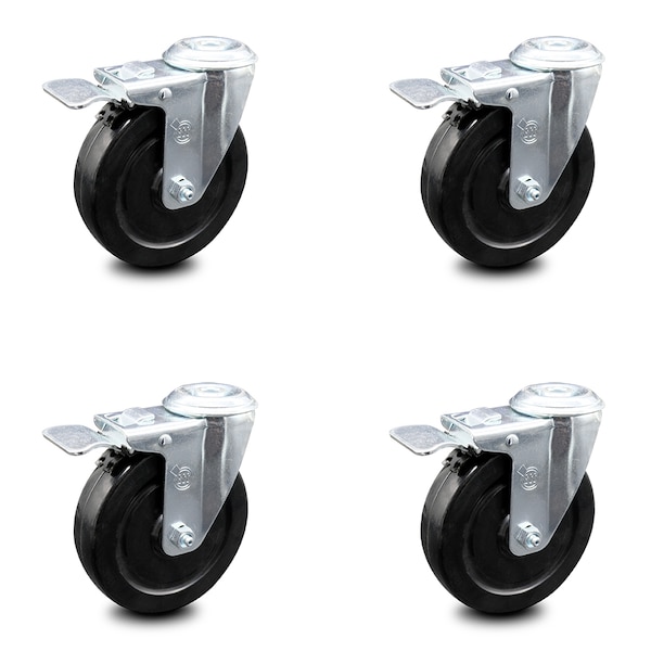 5 Inch Hard Rubber Wheel Swivel Bolt Hole Caster Set with Total Lock Brake SCC